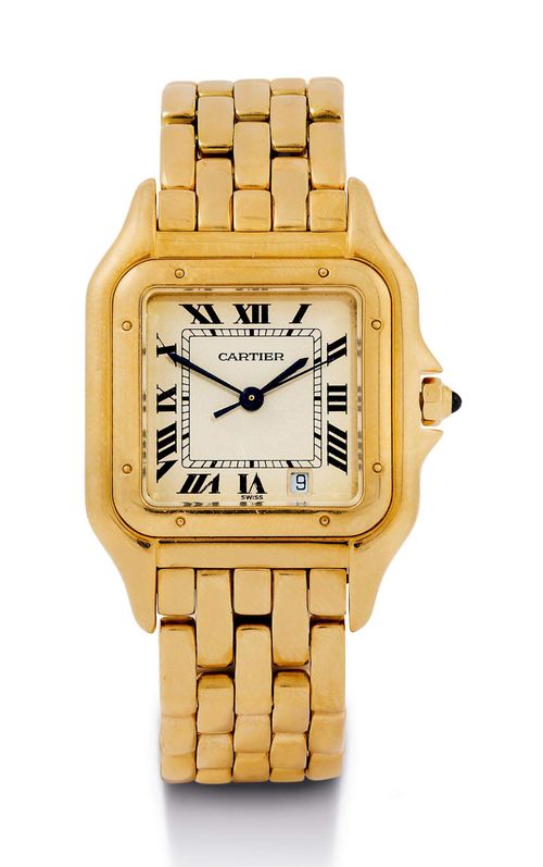 CARTIER PANTHERE WRISTWATCH, 1990s. Yellow gold 750. Rectangular, stepped case No. 8839541567. Screw-down back, sapphire glass, gold crown set with sapphire. Cream-coloured dial with black Roman numerals and blued hands, date at 5h, central second. Quartz movement. Gold link band with double fold-over clasp. D 27 x 36 mm.