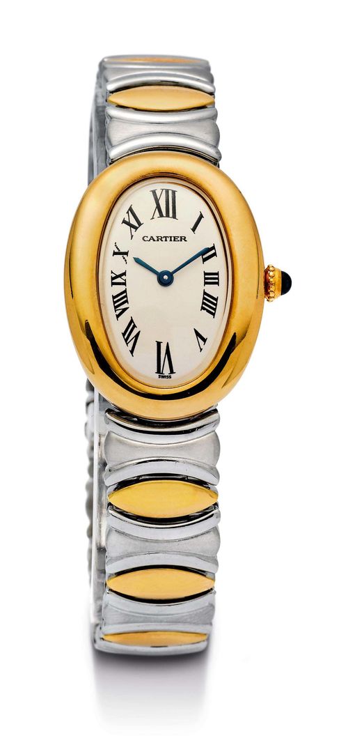 CARTIER BAIGNOIRE LADY'S WRISTWATCH, ca. 1990s. Yellow gold 750, Stainless steel. Ref. 4336, oval convex gold case No. 8057910 with convex sapphire glass and gold crown set with a sapphire. Silver-plated dial with black Roman numeral and blued hands. Quartz movement. Steel and gold link band with double fold-over clasp.  D 31 x 23 mm.