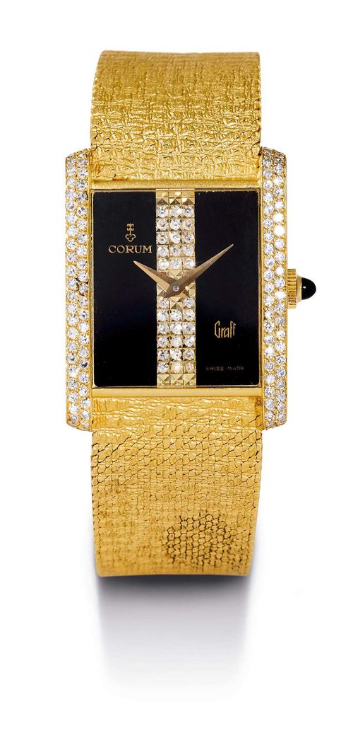 CORUM - GRAFF DIAMOND LADY'S WRISTWATCH, ca. 1980s. Yellow gold 750. Ref. 27A332B16 rectangular case No. 303893, both sides set throughout with 53 diamonds, gold crown with onyx. Onyx dial signed Corum / Graff with golden hands and 17 diamonds in the centre. Hand winding movement. Textured Milanaise gold band with ladder clasp (total length 18.5 cm). D 30 x 23 mm.