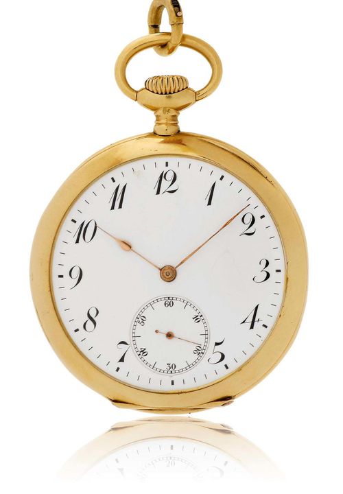 GENTLEMAN'S POCKET WATCH, ca. 1910. Yellow gold 750. Heavy, polished Lepine case No. 2412936, the back with the monogram 'AG', gold dust cover engraved: Aout 1888 - 1913. White enamelled dial with black Roman numerals and gold hands, small second at 6h. Gilt bridge movement with compensation balance and Breguet spring, crown winder. D 49 mm. With gold anchor chain, L 35 cm.