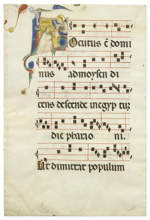 RIMINI, NERI DA (Rimini ca. 1270 - ca. 1322 ?) Leaf from an antiphonary with a historiated initial L: Moses receiving the Tablet from God the Father. Vellum. Rimini, 1314. 573 x 385 mm (Initial 100 x 95 mm). Provenance: - Rimini, San Francesco. - 1905 Frankfurt, Joseph Baer. - London Sotheby's, 23 June 1998, Lot No. 14. - Lugano Albi Rosenthal. - Around 2000 purchased by the current owner from the collection of Albi Rosenthal in Lugano. Bibliography: - Auction catalogue Joseph Baer & Co, Frankfurt 1905, p. 7. - Gudrun Dauner, Neri da Rimini und die Rimineser Miniaturmalerei des frühen Trecento, Munich 1998, pp. 97-144, esp. 135; London Sotheby's 23 June 1998, lot 14. - Friedrich G. Zeileis Più ridon le carte (3.ed.), Rauris 2014, pp. 76-79; Simonetta Nicolini, in: Milvia Bollati (ed.), Dizionario Biografico die miniatori Italiani. Secoli IX-XVI, Milan 2004, pp. 816-819. Further relevant literature: - Neri da Rimini, Il Trecento riminese tra pittura e scrittura, Ausstellungkatalog 1995 Rimini, Museo della Città, Milan 1995, pp.142 ff. This leaf, long thought to be lost, which only reappeared on the London art market in 1998, shows God the Father within an initial L, as he hands Moses a tablet (not the tablet of the Ten Commandments), and so opens the response of the first nocturn of the fourth Sunday of fasting. This leaf is without doubt an important testament to the work of the illuminator Neri da Riminis at the height of his powers around 1314.