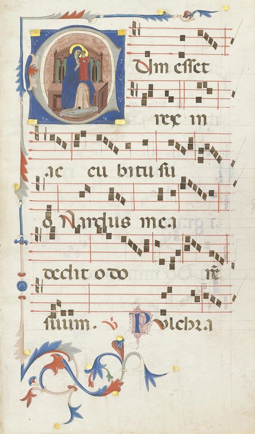 1ST MASTER OF THE SAN DOMENICO CHOIR BOOKS (MASTER SENECA) Leaf from an antiphonary with the initial D and the Madonna and Child enthroned. Vellum. Bologna, ca. 1320. 515 x 375 mm (Initial 115 x 120 mm). Provenance: - Bologna , S. Pietro Martire or San Giovanni Battista(?). - ca. 1930, Milan Ulrico Hoepli. - 1960, Lugano, Erwin Rosenthal. - 1987, London Quaritch. - 1994, London, Sam Fogg. - In the current collection since 1995. Bibliography: - Gaudenz Freuler, Studi recenti sulla miniatura medievale (soprattutto) emiliana. Appunti intorno ad una recente mostra americana (parte I), in: Arte Cristiana, XCII, 2004, pp.1-10. - Gaudenz Freuler, Italian Miniatures from the Twelfth to the Sixteenth Centuries, Milan 2013, pp. 254- 271. - Friedrich G. Zeileis, Più ridon le carte (3.ed.), Rauris 2014, pp. 28-83. Further reading: - Giordana Mariani Canova, Miniature dell' Italia Settentrionale nella Fondazione Giorgio Cini, Vicenza 1978, pp. 13 ff. - Giordana Mariani Canova, Nuovi contributi alla serie liturgica degli antifonari di San Domenico in Bologna, in: La miniatura italiana in età romanica e gotica. Atti del I congresso di storia della miniatura italiana, Florence 1979, pp. 371-293. - Massimo Medica, Libri Miniati del Museo medievale, Bologna 1997, pp.3 ff. - Massimo Medica in: Duecento. Forme e colori del medioevo a Bologna, exh.cat. Bologna 15.4-16.7 2000, Bologna 2000, pp. 373-375. This leaf with the text of the first response of the first nocturn of the Feast of the Assumption of Mary, is a fragment of the highest quality from an important choir book made for one of the various convents of the Dominican nuns of Bologna, presumably S. Pietro Martire or San Giovanni Battista.