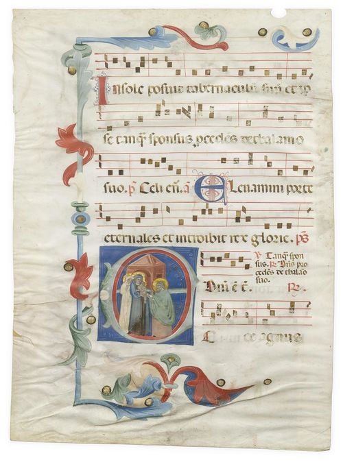 2ND MASTER OF SAN DOMENICO (MASTER OF B 18) Leaf from an antiphonary with the initial E and a depiction of the Presentation in the Temple. Vellum. Bologna ca. 1320. 520 x 375 mm (Initial (1205 x 115 mm). Provenance: - Bologna , S. Pietro Martire or San Giovanni Battista(?). - ca. 1930, Milan Ulrico Hoepli. - 1960 Lugano, Erwin Rosenthal; 1987, London Quaritch. - London, Sam Fogg. - In the current collection since ca. 1995. Bibliography: - Gaudenz Freuler, Studi recenti sulla miniatura medievale (soprattutto) emiliana. Appunti intorno ad una recente mostra americana (parte I), in: Arte Cristiana, XCII, 2004, pp.1-10. - Gaudenz Freuler, Italian Miniatures from the Twelfth to the Sixteenth Centuries, Milan 2013, pp. 254- 271. - Friedrich G. Zeileis Più ridon le carte (3.ed.), Rauris 2014, p. 28-83. Further reading: - Giordana Mariani Canova, Miniature dell' Italia Settentrionale nella Fondazione Giorgio Cini, Vicenza 1978, pp. 13 ff. - Giordana Mariani Canova, Nuovi contributi alla serie liturgica degli antifonari di San Domenico in Bologna, in: La miniatura italiana in età romanica e gotica. Atti del I congresso di storia della miniatura italiana, Florence 1979, pp. 371-293. - Massimo Medica, Libri Miniati del Museo medievale, Bologna 1997, pp.3 ff. - Massimo Medica in: Duecento. Forme e colori del medioevo a Bologna, exh.cat. Bologna 15.4-16.7 2000, Bologna 2000, pp. 373-375. This leaf with its elegant scrolled border of acanthus palmettes in blue and red contains a historiated initial E. This leaf can be identified as an element of a series of now dispersed antiphonaries made for a presumably Bolognese Dominican convent, of which a number of leaves have been identified in the most diverse important European and American collections including the Free Library in Philadelphia. The present leaf was not illuminated by the master known as the Master of Seneca, as in Cat 137, but by the Master of B 18, a further exponent of the illuminators workshop.