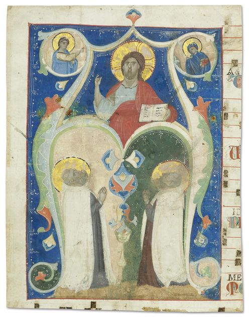 NERIO Bologna circa 1310-15 Initial A with Christ and two prophets in adoration and (in the upper section) the Annunciation. Tempera on vellum. Bologna, ca. 1310-15. 292 x 227 mm. Provenance: - London, Peter Summers. - London, Sotheby's, 3 July 1984, Lot No. 14. - Purchased at the above auction by the current owner. Bibliography: Friedrich G. Zeileis, Più ridon le carte (3.ed.), Rauris 2014, pS. 98. Further reading: - Alessandro Conti, La Miniatura Bolognese, Scuole e botthege 1270-1340, Bologna 1981, esp pp. 50 ff. - Giordana Mariani Canova, Miniature dell' Italia settentrionale nella Fondazione Giorgio Cini, Vicenza 1978, p. 3. - Massimo Medica, in: Duecento. Forme e colori del medioevo a Bologna, Bologna 2000, pp. 379-380. This large splendid initial A, almost 30 in height, was most certainly part of a frontispiece of a gradual, and opened the introitus to the mass of the first Sunday of Advent. As research has recently revealed, this initial is definitely part of the same series of choir books as an initial R, of a fully corresponding style, with a depiction of the Resurrection of Christ and the Marys at the empty grave, which is at the Fondazione Cini in Venice (Inv 2015). The impressive quality of the painting in this initial is indicative of a significant aspect of the art of illumination in Bologna in the first quarter of the 14th century, namely the typical Neo-Byzantine substrata of Veneto influence, revealed in the facial expressions and the type of figures, which is then overlaid by the new sense of plasticity and reality from the influence of Giotto in Padua.