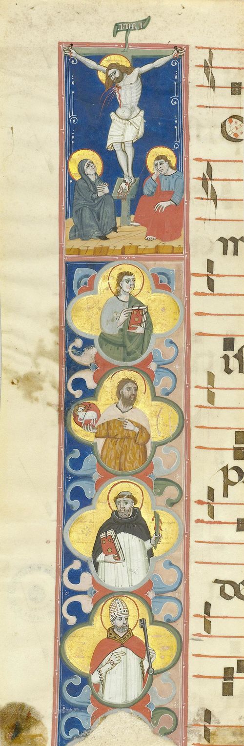 BOLOGNESE BOOK ILLUMINATOR, 14TH CENTURY. Historiated initial I with the Crucifixion and Saints John, John the Baptist, Dominic and Peter. Vellum. Bologna, ca. 1330-1335. 315 x 58 mm. Provenance: - Bologna, San Pietro Martire; European private collection. -In the current collection since 1997. Bibliography: - Gaudenz Freuler, Italian Miniatures from the Twelfth to the Sixteenth Centuries, Milan 2013, pp. 272-277 - Friedrich G. Zeileis Più ridon le carte (3.ed.), Rauris 2014, pp.102-103. Further cited literature: - Giordana Mariani Canova, Miniature dell' Italia settentrionale nella Fondazione Giorgio Cini, Vicenza 1978, p.15 No. 24. This leaf fragment from a gradual with the initial I opens the introitus to the mass of Passion Sunday. As I clarified recently (G. Freuler, 2013), the fragment in question comes from a dispersed gradual, which was made for a Dominican convent, presuambly the Dominican nuns of San Piero Martyre in Bologna.