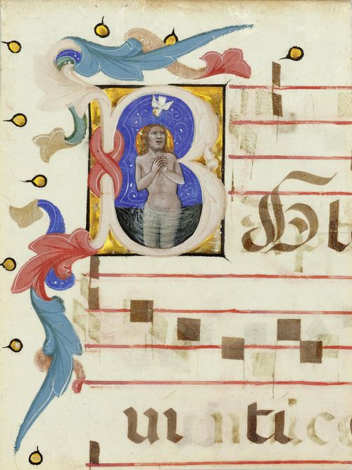 GIACOMO DI NASCIMBENE, NICOLO DI (NICOLO DA BOLOGNA) (Bologna ca. 1330 – ca. 1404 probably ibid.) Fragment of a leaf of an antiphonary with the initial B and the Baptism of Christ. Vellum. Bologna, ca. 1360-1365. 215 x 163 mm (Initial 80 x 62 mm). Provenance: - Florence, private collection. - Before 1985 Florence, New York, Martello collection. - London Christie's, 24 November 1993, Lot No. 5. - 1994 London Sam Fogg to the current collection. Bibliography: - Miklòs Boskovits, The Martello collection. Paintings ,drawings and miniatures from the XIVth to the XVIIIth centuries, Florence 1985, p.120. - Gaudenz Freuler, Italian Miniatures from the Twelfth to the Sixteenth Centuries, Milan 2013, pp. 284-293. - Friedrich G. Zeileis Più ridon le carte (3.ed.), Rauris 2014, pp.120-121. This leaf fragment comes from a dismantled antiphonary. This small and extremely finely painted historiated initial showing the Baptism of Christ, introduces the first antiphonary to the Laudes of the Feast of Saint John the Baptist (24 June). A complete leaf with the figure of Laurentius in an initial L held in a Milanese private collection, was recently proved to have come from the same choir book. In this in fact simple miniature, the illuminator Nicolò di Giacomo exercises his artistic powers to the full and makes plain the reasons why he quickly rose to be the leading illuminator of Bologna in the second half of the 14th century.