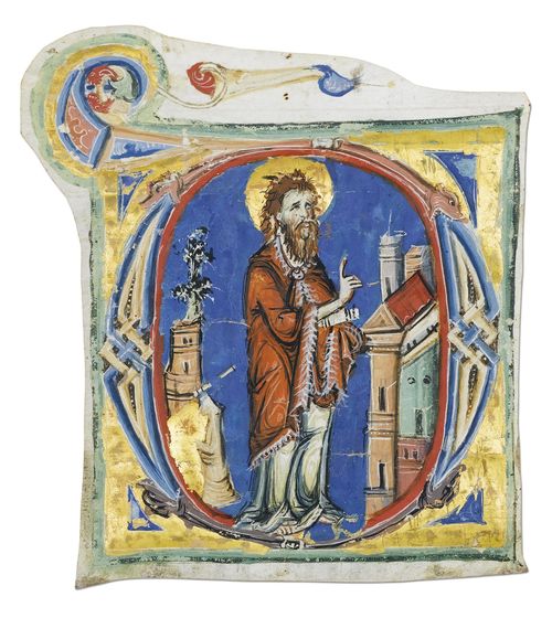 ANONYMOUS, BYZANTINE BOOK ILLUMINATOR OF THE VENETO Initial D from a liturgical book with Saint John the Baptist turning towards Jerusalem. Vellum. Veneto, ca. 1280-1300. 175 x 160 mm. Provenance: - Purchased by the current owner in 1994 from a London dealer. Bibliography: - Friedrich G. Zeileis Più ridon le carte (3.ed.), Rauris 2014, pp. 8-9. This initial D with John the Baptist preaching before Jerusalem, may have opened the antiphonary of the nocturn on the Feast day of the Baptist (24 June) The late Byzantine style of this miniature, after the pattern of the paleological Renaissance defined by Otto Demus (1958), a style which developed in Byzantine art around 1200, leads us to assume that immigrant Byzantine illuminators were working in the Veneto area. The face of this saint is certainly no longer modelled after the Byzantine style, but rather the Latin Italian painting of around 1300. There is much to suggest that this fascinating historiated initial was painted in the last decades of the 13th century by a Byzantine workshop active in the Veneto.