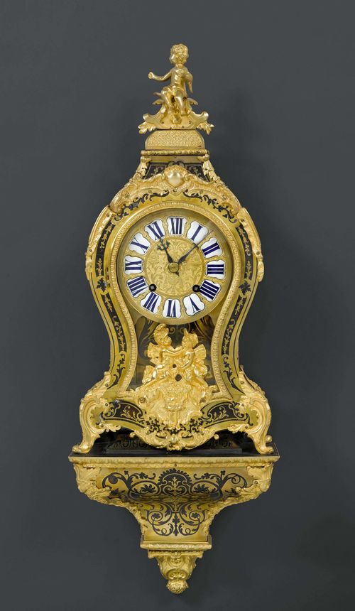 BOULLE-PENDULE with base, Regence, the movement signed LE FAUCHEUR A PARIS (Alexandre Le Faucheur, maître 1729), Paris ca. 1730/40. Ebonized wood, brown tortoiseshell, gilt bronze and brass and tin. Movement with anchor escapement striking the 1/2-hours on bell. Fine, gilt mounts and applications designed as children playing, busts, tendrils, leaves, shells and cartouches. Restorations and alterations. Requires servicing. 29x16x79.5 cm. Provenance: - from a private collection, Munich.