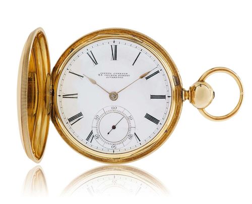 HEAVY SAVONNETTE POCKET WATCH, JOSEPH JOHNSON, ca. 1870. Yellow gold 585, 134g. Engine-turned, polished case No. 18772, key winder below back cover, matte-finished dust cover. White enamelled dial with black Roman numerals and small recessed second at 6h, signed Joseph Johnson, 25 Church Street, Liverpool. Gilt hands, blued second hand. English lever movement with full plate and engraved balance bridge with diamond capstone, screwed sapphire chatons, fusee and chain, compensation balance with flat spring, movement with hacking mechanism (de-activated), signed Jos. Johnson, 25 Church Street, 18772 Liverpool. D 54 mm.