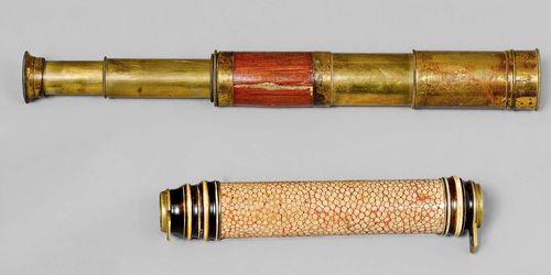 A LOT OF 2 TELESCOPES, French five-draw instrument, circa 1880, with wood covered tube, L 12.5 - 38.5 cm. With Italian 18th c. two-draw telescope with shagreen coating, lead mounts, L 14.5 - 21 cm.