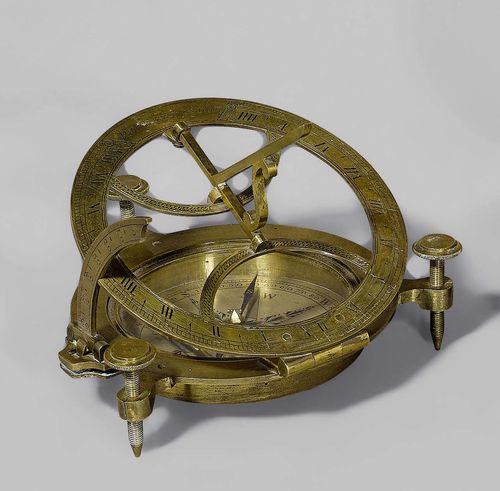 A LARGE EQUATORIAL SUDIAL IN CASE, London, circa 1790. Brass sign. PATRICK LONDON. In with black leather covered wooden case, 15.5x14.5x5 cm.
