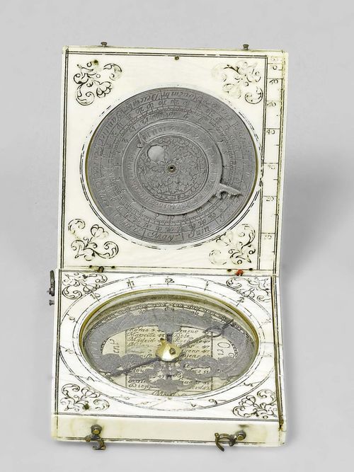 AN AZIMUT DIPTYCH SUNDIAL, France, possibly Dieppe, 17th c. Ivory with blackened engravings, brass hook. Base (inner face) with compass surrounded by hour scale 5-12-7 and openwork ellipse graduated V-XII-VII. The outer face with revolving volvelle with calendar scale with days and months. The cover engraved with the hours 8-4-12 and equinoctial dial graduated 1-12. The inner face with lunar disc. Closed 6.5x7.2x1.4 cm. Cracks.