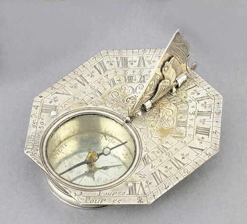 A HORIZONTAL SUNDIAL IN CASE, Paris, circa 1750. Silver sign. P. LE MAIRE PARIS. Bird-shaped pointer. In leather covered wooden case, 6x5.5x1.7 cm.