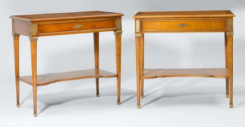 PAIR OF SMALL WRITING DESKS,in the style of Louis XVI. Cherrywood. Rectangular leaf. The drawer with foldable front designed as a writing surface. Bronze mounts. 80x47x76 cm. Each with 1 key.