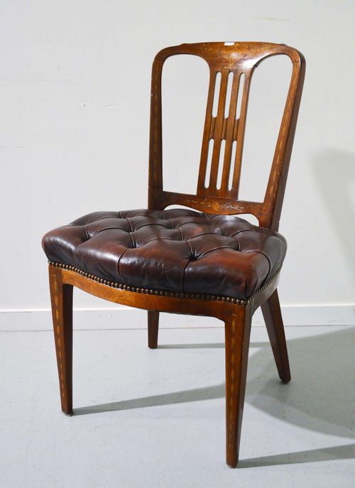 CHAIR,late Louis XVI, Holland. Mahogany, inlaid with garlands and vase. Open-worked backrest. Red/brown, buttoned leather upholstery.