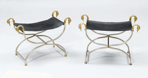 PAIR OF STOOLS,in the Empire style, 20th century. Metal and bronze. Black leather seat on a curved frame with swan heads.