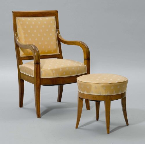 FAUTEUIL WITH STOOL,Restoration, France. Walnut. Light yellow cover, with insect pattern.