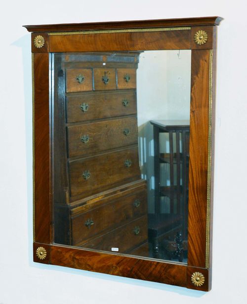 MIRROR,Restoration. Mahogany. Rectangular frame set with brass leaf friezes and rosettes. 87x69 cm. Some losses.