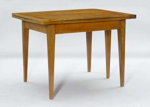 EXTENDABLE TABLE,Biedermeier, Switzerland. Cherrywood. Rectangular, hinged top. The leg at the drawer can be pulled out as a support. 104(208)x80.5x76.5 cm. Top scratched.