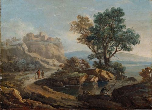 Circle of DIETRICH, CHRISTIAN WILHELM ERNST called DIETRICY (Weimar 1712 - 1774 Dresden) River landscape with travellers and a fisherman. Oil on panel. Inscribed verso: Christn:Wilh:Dietricy pinx 20.5 x 27.3 cm.