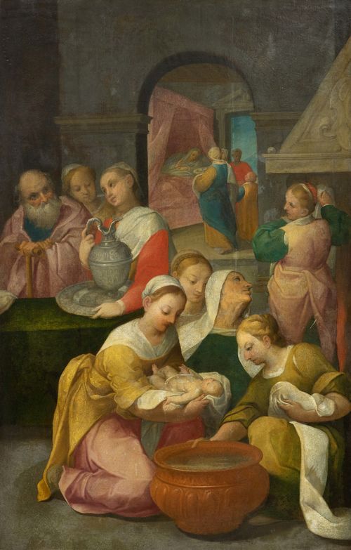 SCHOOL OF EMILIA ROMAGNA, CIRCA 1600 The birth of Mary. Oil on canvas. 132 x 84 cm.