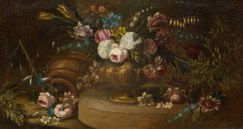 FRANCE/ITALY, 18TH CENTURY Still life of flowers on a table. Oil on canvas. 50 x 91.3 cm.