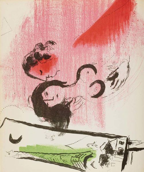 CHAGALL- Chagall - Lassaigne, Jacques. Chagall. Paris, Adrien Maeght, Pierre à Feu, 1957. Mit 15, davon 4 doppelblattgr., 13 farb. Or.-Lithogr, zahlr. Abb. u. Taf. v. Marc Chagall. Or.-Kart. mit farb. Umschl.-Illustr. (Or.-Lithogr.). 4°.Mourlot 192-207. Monod 6879. - Originalausgabe. Gutes Expl.
