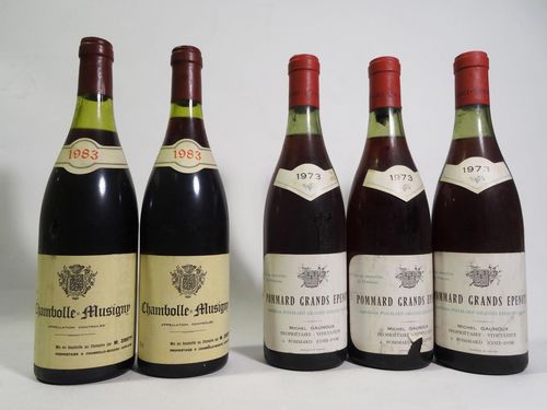 5 bts: 3 bts Pommard Domaine Michel Gaunoux  Grands Epenots  75cl   1973, 2 bts Chambolle-Musigny Domaine M. Zibetti    75cl   1983