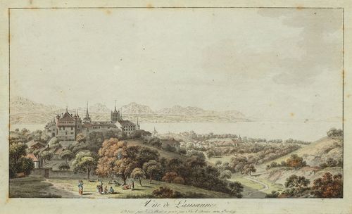 LAUSANNE.- Balthasar Anton Dunker after Aberli. Vue de Lausanne. Outline etching with original colour, 20.3 x 34.,7 cm. Engraved title and inscription on lower sheet edge. Framed. – With text margin and small margin around the outer line (ca. 1 cm). Scattered foxing and somewhat stale. Overall good condition.