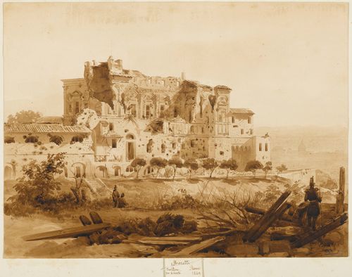 MORETTI (active in 19th century). Palace of the Four Winds. Pen and brush in brown. 24.5 x 32.5 cm. Signed lower right in pencil: Moretti. Entitled and inscribed verso: Siege de 1849.