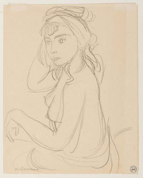 BARRAUD, MAURICE (1889 Geneva 1954). Female semi-nude seen turned to the left. Black chalk and pencil. 31.2 x 24.8 cm. Signed lower right in pencil: MBarraud. Atelier stamp and numbering by hand (228) lower right. – Also included: a woman undressing. Lithograph, 18 x 12 cm. Numbered lower left: 6/25. Signed lower right in pencil: MBarraud. – Very fine impression with full margins.