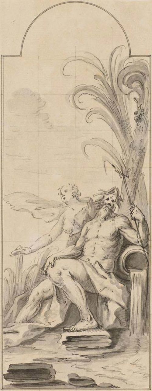 GERMAN, 18TH CENTURY Rivergod with Nymph. Black pen, grey wash, squared in black pencil. 22.7 x 8.9 cm.