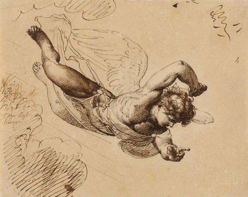 DIEPENBEECK, ABRAHAM VAN (Hertogenbosch 1596 - 1675 Antwerp) attributed Angel drawing a sword. Brown pen. Verso: older attribution to Abraham van Diepenbeeck in pencil. 21.3 x 17 cm. Provenance: Collection Johann Georg, Prinz von Sachsen (1869-1938), Lugt 1162