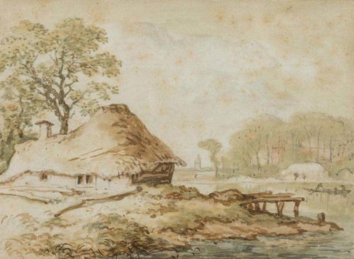 EVERDINGEN, ALLART VAN (Alkmaar 1621 - 1675 Amsterdam) attributed Strawthatched farmhouse by a pond. Brown pen, black chalk, watercolour. Framing line in brown pen. 9.6 x 13.2 cm. Framed. Provenance: Collection W. Schrott, Inssbruck, Lugt 2383 Unidentified collector's stamp, verso