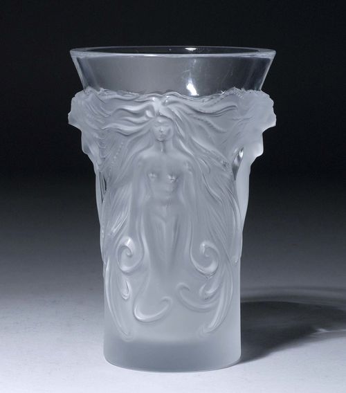 VASE,France, Lalique. Colourless glass. Walls with 4 profiled Sirens. H 18 cm.