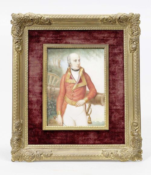 ENGLISH SCHOOL, inscribed F.X. SCHMIDT. Mixed media on ivory. Portrait of an officer in uniform. 9.2x7.6 cm.