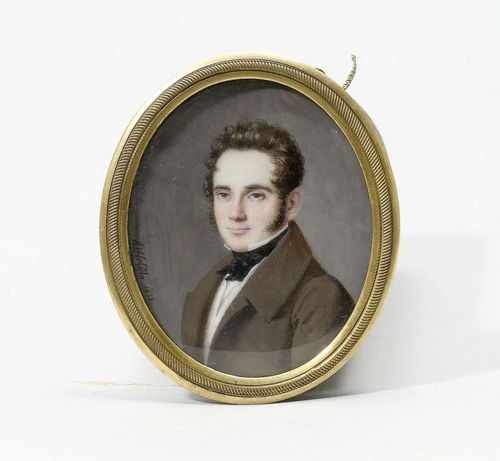 FRANCE, signed BILFELT (Jean Joseph 1792-1849). Mixed media on ivory. Oval half-portrait of a young aristocrat. 5.9x4.7 cm. Framed.