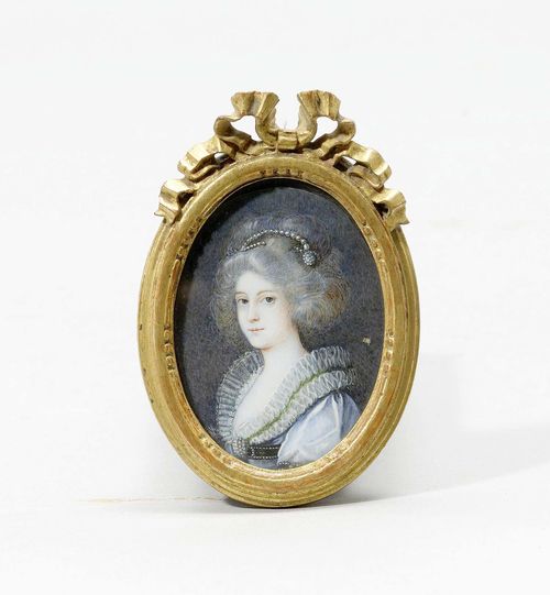 HALF-PORTRAIT PRINCESS ELISABETH WILHELMINE VON WUERTTEMBERG, ca. 1780. Monogrammed EF. Mixed media on ivory. Oval. 6x4.3 cm. Framed.