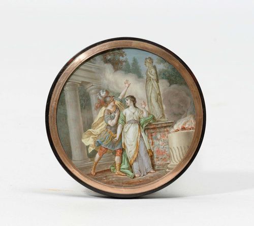 MINIATURE PAINTING "MARS & VENUS",after an Antique model, 19th century. Round. D 7.2 cm.