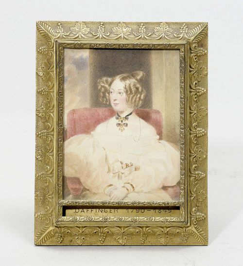 PORTRAIT OF PRINCESS HENRIETTE METTERNICH, inscribed DAFFINGER (Moritz Michael 1790-1849). Watercolour on paper. 12x9.5 cm. Framed.