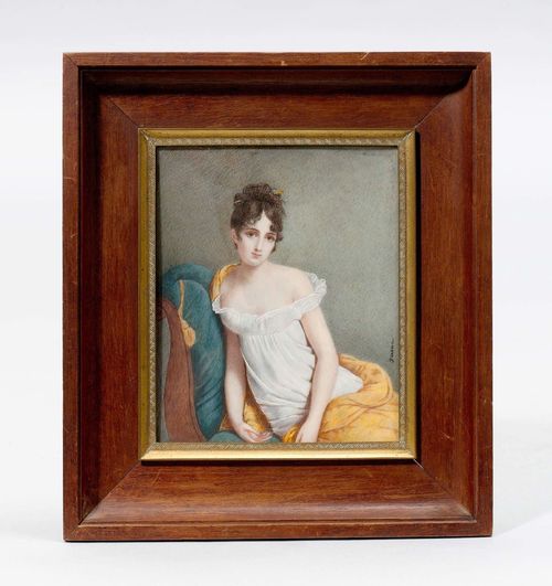 PORTRAIT OF JULIETTE RÉCAMIER,19th century. Mixed media on ivory. Rectangular. 11.3x9,5 cm.