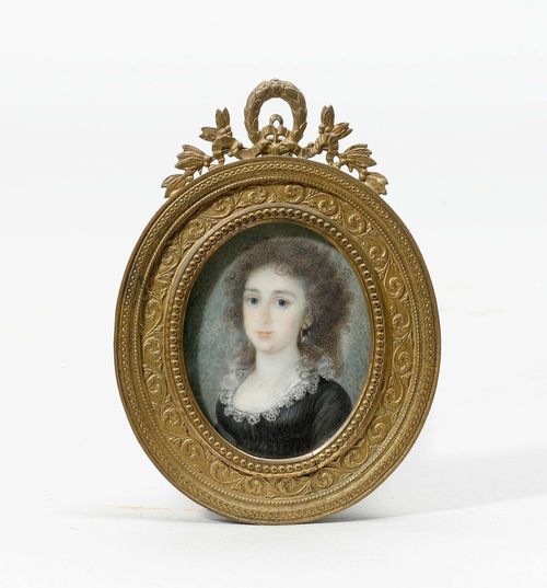 PORTRAIT OF A WOMAN,probably Italian, late 18th century. Gouache on ivory. Oval half-portrait of a young woman with black hair, wearing a black dress. 6.3x5 cm.