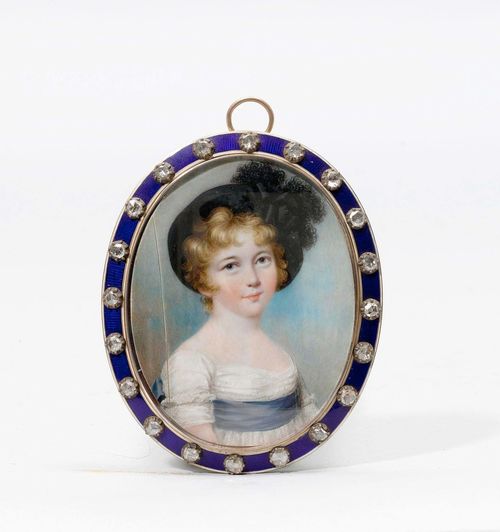 PORTRAIT OF A GIRL,England, ca. 1790. Mixed media on ivory. Oval half-portrait of a blonde girl wearing a hat and a white dress. 8.3x6.3 cm. Tear.