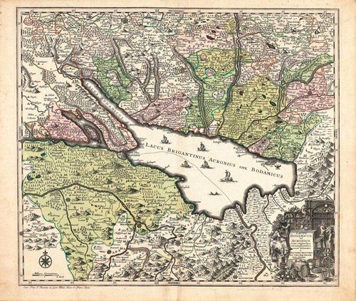 LAKE CONSTANCE.-Lacus Bodamicus vel Acronius cum regionibus circumjacentibus recens delineatus à Matthaeo Seuttero, Sac. Caes. Maj. Geogr. Aug. Vindel. - Cum Priv. S. Vicariat. in part. Rheni. Suev. et Franc Juris. Col. copperplate map. 48.5 x 56.5 cm, by Matthäus Seutter, Augsburg, after 1741. Dürst/Bonaconsa 97. - Der Bodensee mit dem Gebiet Messkirch, Winterthur, Bregenz und Wolfegg. Beautiful piece in good condition.