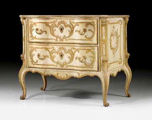 PAINTED CHEST OF DRAWERS,late Louis XV, probably  Munich, 18/19th century Finely carved wood, painted in white and parcel gilt. The serpentine front with 2 drawers. Gilt iron mounts. 100x62x82 cm. Provenance: Private collection, Brissago.