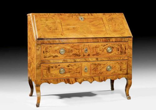 BUREAU,Louis XV, in the style of A.N. COULERU (Abraham Nicolas Couleru, maitre 1750), probably  Montbéliard circa 1760. Walnut, burlwood, cherry and local fruitwoods in veneer and finely inlaid with shaped reserves and fillets. With fall-front writing surface over 2 drawers, a fitted interior and brass mounts and drop handles. 110x55x(open 78)x95 cm. Provenance: from a German collection.