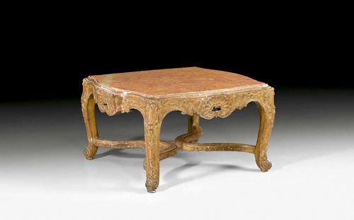 LOW SALON TABLE,late Louis XV, German, 19th century Pierced and carved wood with remains of old gilding and pink/grey marble top. Formerly a stool. 60x53x35 cm. Provenance: Private collection, Brissago.