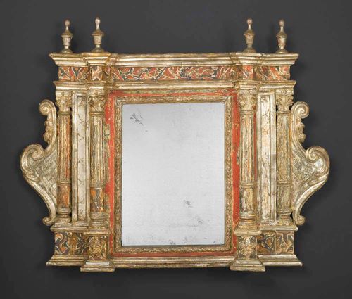 PAINTED MIRROR,Baroque, probably Sicily circa 1740. Polychrome painted and partly silvered frame. H 60 cm, W 75 cm. Provenance: from an important Paris collection.