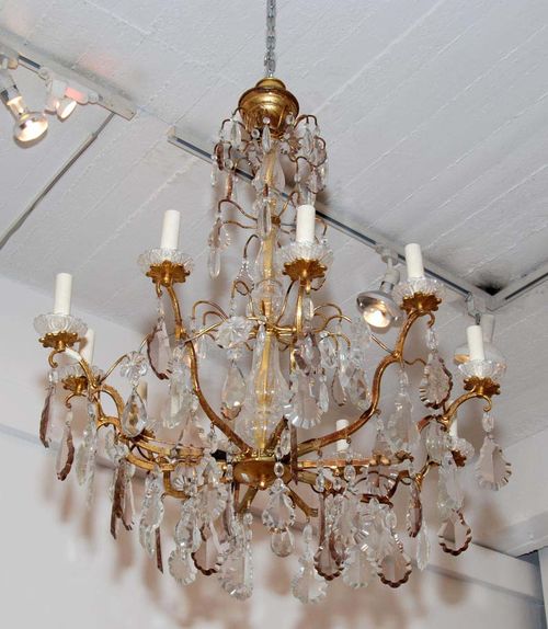 BRONZE AND GLASS CHANDELIER,Louis XV style, Italy circa 1900. Fitted for electricity. Some losses. H 120 cm, W 70 cm. Provenance: Private collection, Brissago