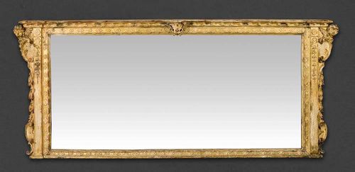 BROAD OVERMANTLE MIRROR "AUX ANGELOTS",late Baroque, Italy, 19th century Richly carved giltwood with angels' heads. Requires some restoration. W 246 cm, H 96 cm. Provenance: Private collection, Brissago.